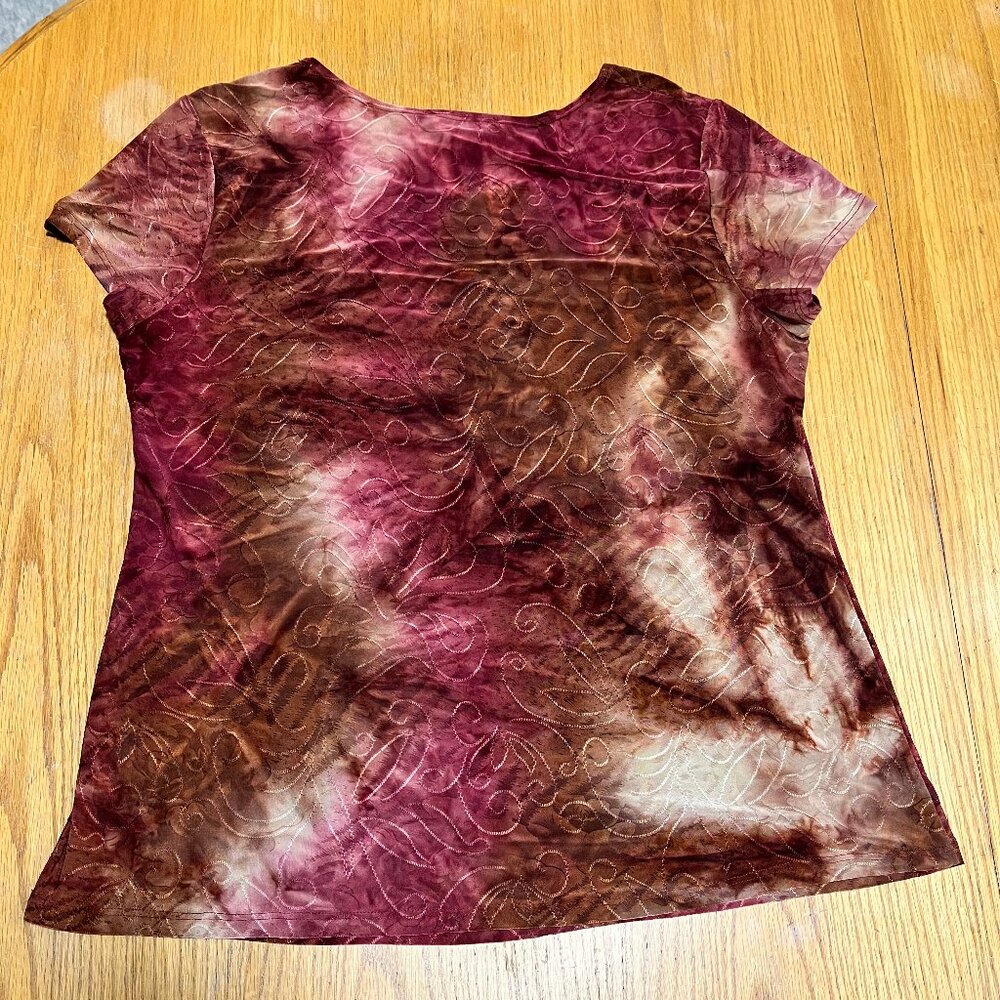 Dressbarn XL Vibrant Floral Embossed Tee | Sunset Red Orange Short Sleeve Top - Picture 11 of 11